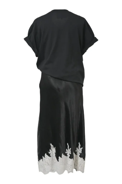 Black draped bi-layer effect cotton cap sleeve midi dress with contrasting lace-trimmed satin skirt