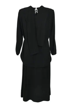 Black draped bi-layer effect acetate-blend dolman sleeve cowl back midi pintuck dress