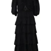 Black draped cotton tie-front tier-ruffle midi dress with cutout front and elasticated balloon sleeves