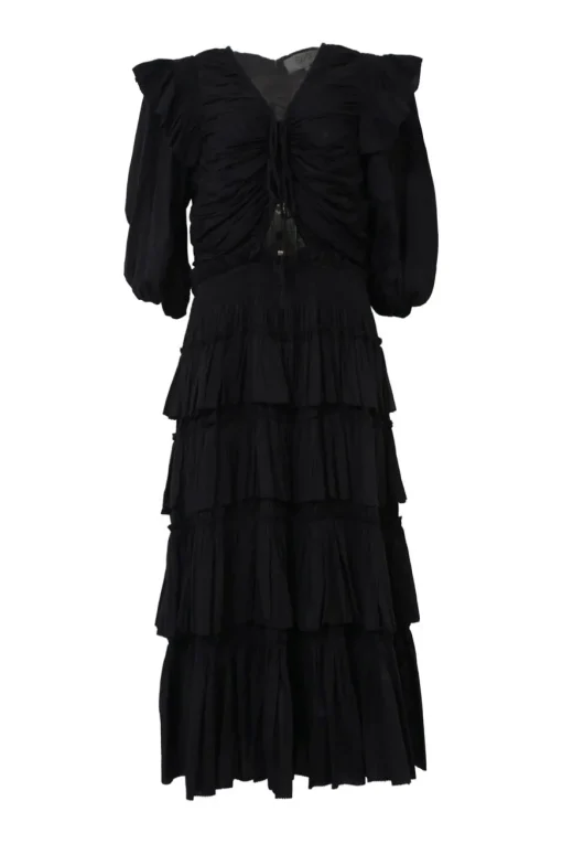 Black draped cotton tie-front tier-ruffle midi dress with cutout front and elasticated balloon sleeves