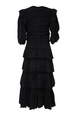 Black draped cotton tie-front tier-ruffle midi dress with cutout front and elasticated balloon sleeves