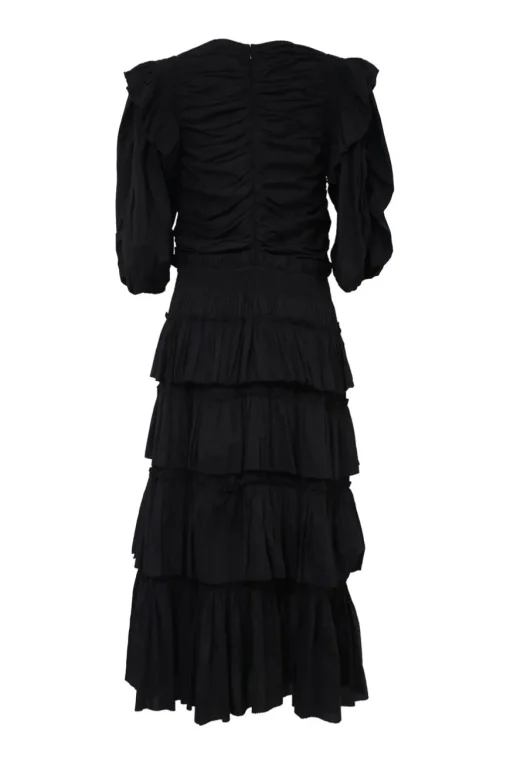 Black draped cotton tie-front tier-ruffle midi dress with cutout front and elasticated balloon sleeves