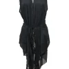 Black draped cotton-blend jersey knit plunge neck tie-waist sleeveless blouse with button back