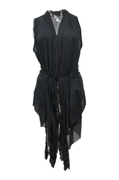 Black draped cotton-blend jersey knit plunge neck tie-waist sleeveless blouse with button back