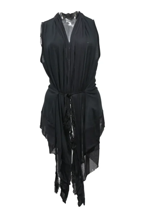 Black draped cotton-blend jersey knit plunge neck tie-waist sleeveless blouse with button back