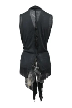 Black draped cotton-blend jersey knit plunge neck tie-waist sleeveless blouse with button back