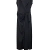 Black draped cotton-wool blend peak lapel wrap-front sleeveless maxi dress with pull tab belt