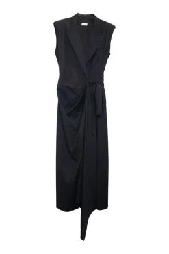 Black draped cotton-wool blend peak lapel wrap-front sleeveless maxi dress with pull tab belt