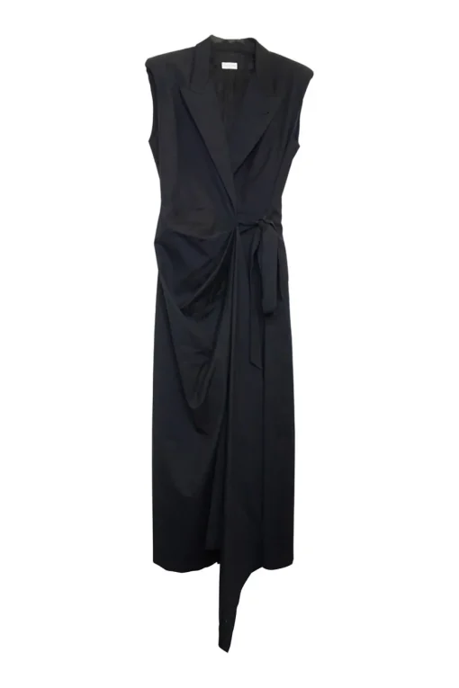 Black draped cotton-wool blend peak lapel wrap-front sleeveless maxi dress with pull tab belt