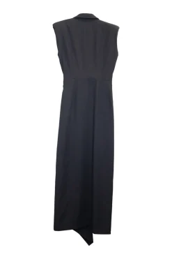Black draped cotton-wool blend peak lapel wrap-front sleeveless maxi dress with pull tab belt