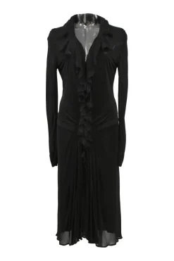 Black draped cupro plunge neck dolman sleeve drop-waist blouson dress with cascade ruffle neckline