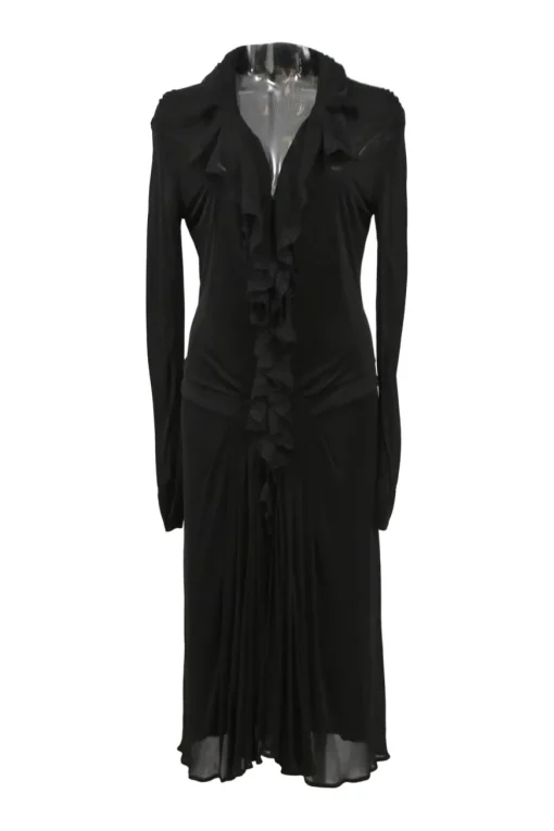 Black draped cupro plunge neck dolman sleeve drop-waist blouson dress with cascade ruffle neckline