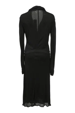 Black draped cupro plunge neck dolman sleeve drop-waist blouson dress with cascade ruffle neckline