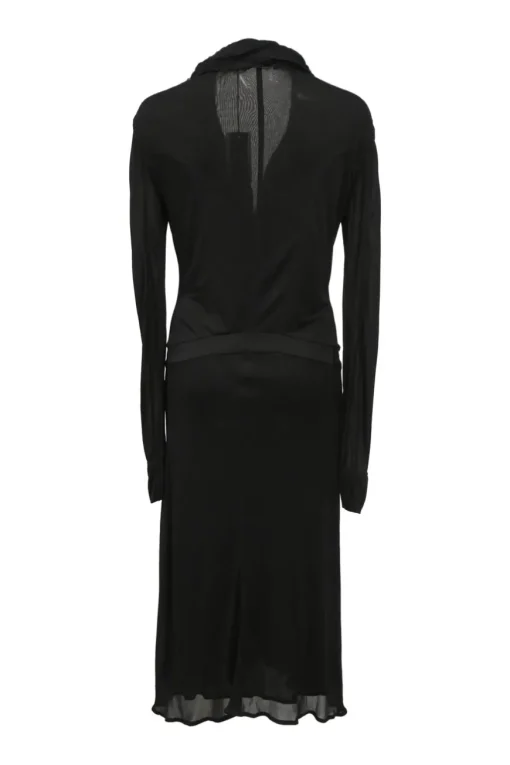 Black draped cupro plunge neck dolman sleeve drop-waist blouson dress with cascade ruffle neckline