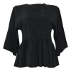 Black draped embellished silk dolman sleeve peplum blouse featuring tonal bead broderie motif
