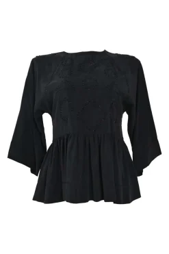 Black draped embellished silk dolman sleeve peplum blouse featuring tonal bead broderie motif
