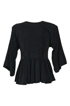 Black draped embellished silk dolman sleeve peplum blouse featuring tonal bead broderie motif