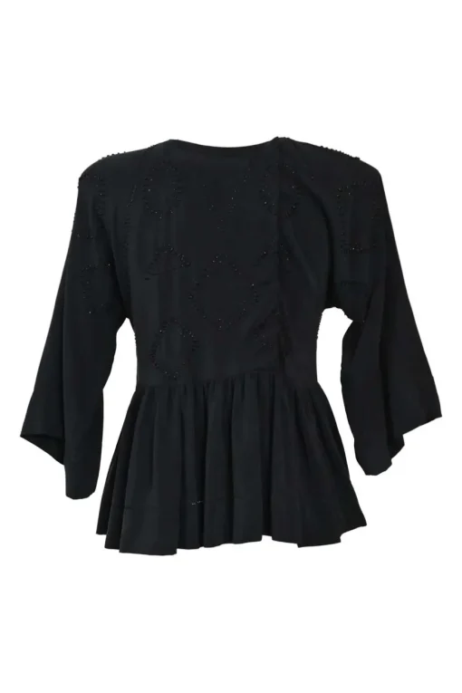 Black draped embellished silk dolman sleeve peplum blouse featuring tonal bead broderie motif