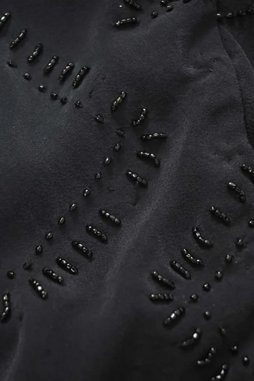 Black draped embellished silk dolman sleeve peplum blouse featuring tonal bead broderie motif