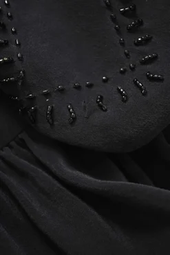 Black draped embellished silk dolman sleeve peplum blouse featuring tonal bead broderie motif