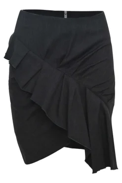 Black draped Glen check pull-on mini skirt with spiral ruffle trim detailing