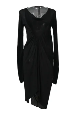 Black draped jersey knit cowl neck dolman sleeve tunic shift dress with empire waist and tulip skirt
