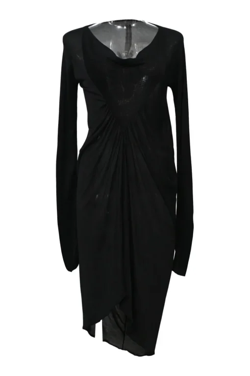 Black draped jersey knit cowl neck dolman sleeve tunic shift dress with empire waist and tulip skirt