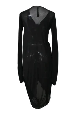Black draped jersey knit cowl neck dolman sleeve tunic shift dress with empire waist and tulip skirt