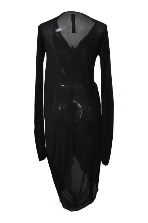 Black draped jersey knit cowl neck dolman sleeve tunic shift dress with empire waist and tulip skirt
