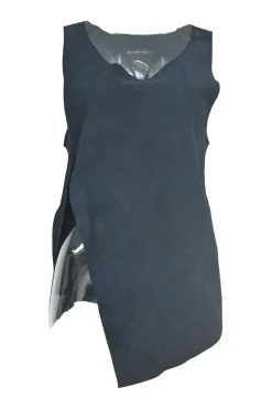 Black draped lambskin suede cowl neck slit tank top