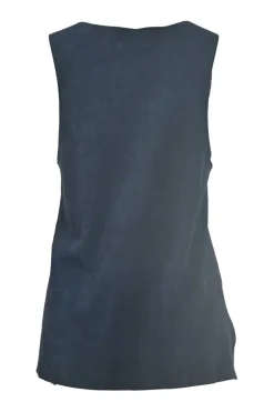 Black draped lambskin suede cowl neck slit tank top