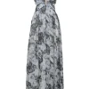 Black draped polyester floral print plunge neck gown with side cutouts