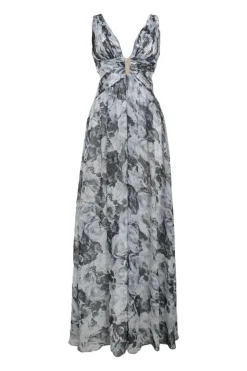 Black draped polyester floral print plunge neck gown with side cutouts