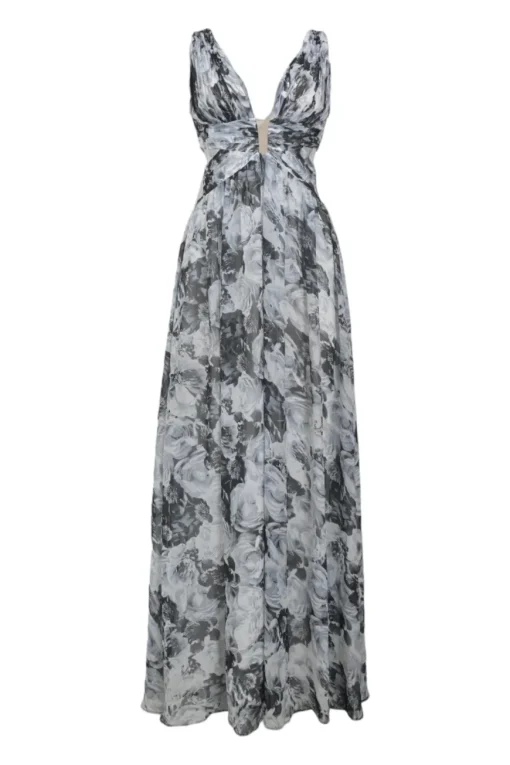 Black draped polyester floral print plunge neck gown with side cutouts