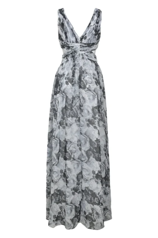 Black draped polyester floral print plunge neck gown with side cutouts