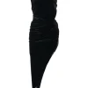 Black draped polyester-blend velvet asymmetric halterneck midi dress with adjustable nape-tie fastening
