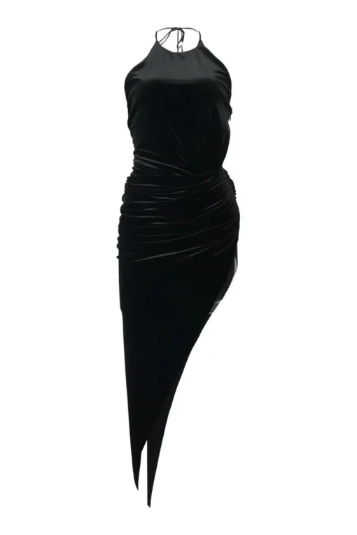 Black draped polyester-blend velvet asymmetric halterneck midi dress with adjustable nape-tie fastening