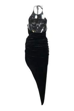 Black draped polyester-blend velvet asymmetric halterneck midi dress with adjustable nape-tie fastening