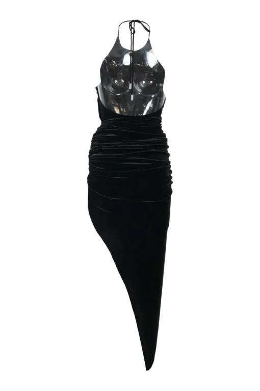Black draped polyester-blend velvet asymmetric halterneck midi dress with adjustable nape-tie fastening
