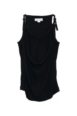 Black draped rayon-blend knit top with adjustable  buckle strap fastening