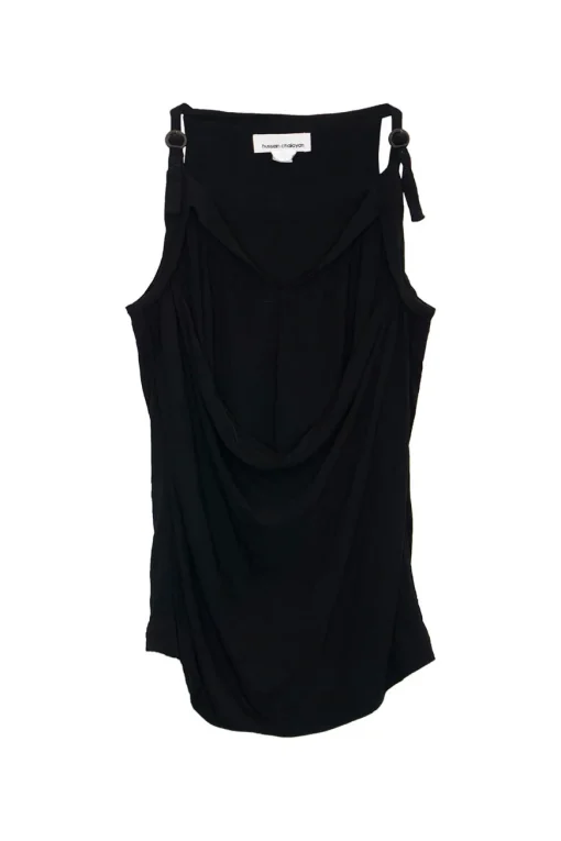Black draped rayon-blend knit top with adjustable  buckle strap fastening