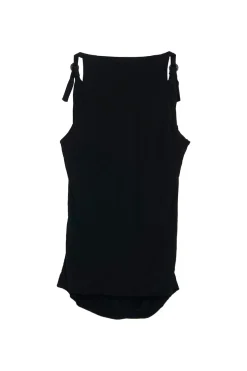 Black draped rayon-blend knit top with adjustable  buckle strap fastening