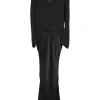 Black draped rayon-blend mixed-media wrap effect plunge neck tuxedo dress featuring stand collar and flounce sleeves