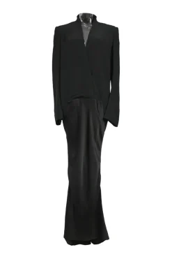 Black draped rayon-blend mixed-media wrap effect plunge neck tuxedo dress featuring stand collar and flounce sleeves