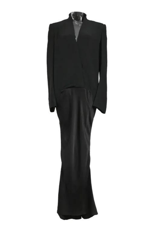 Black draped rayon-blend mixed-media wrap effect plunge neck tuxedo dress featuring stand collar and flounce sleeves