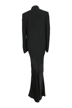 Black draped rayon-blend mixed-media wrap effect plunge neck tuxedo dress featuring stand collar and flounce sleeves
