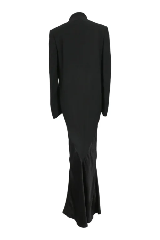 Black draped rayon-blend mixed-media wrap effect plunge neck tuxedo dress featuring stand collar and flounce sleeves