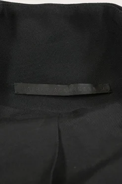 Black draped rayon-blend mixed-media wrap effect plunge neck tuxedo dress featuring stand collar and flounce sleeves