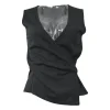 Black draped rayon-blend plunge neck sleeveless wrap-effect blouse