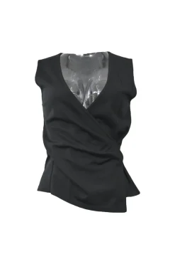 Black draped rayon-blend plunge neck sleeveless wrap-effect blouse